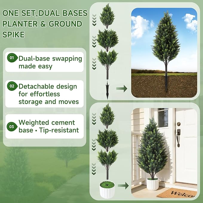 Gladeup 3FT Artificial Cedar Topiary Trees Set of 2 Detachable Planter & Spike,UV Resistant Faux Plants Outdoor and Indoor,Realistic Fake Bushes Pine Tree for Front Porch Decor(Cedar Green)