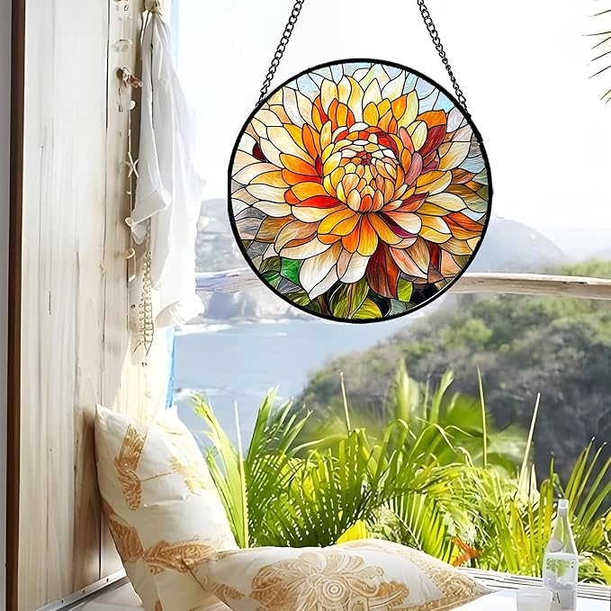 Stained Glass Window Hanging - Chrysanthemum Suncatcher for Doors Garden Patio Birth Flowers Sun Catchers Decor Christmas Mother's Day Birthday Gifts for Women Men Mom Nana Friend 7.8 in