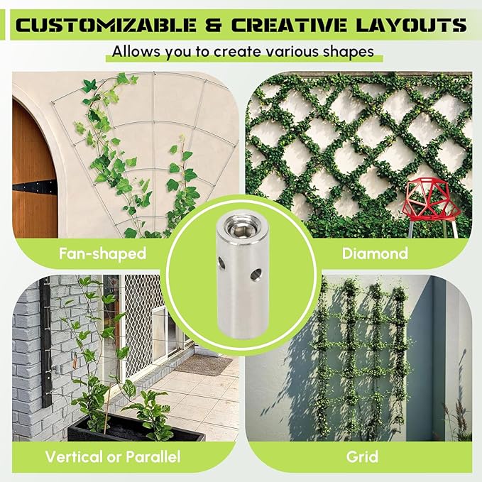 Wire Trellis for Climbing Plants Outdoor, 30-Set Wall Wire Trellis Kit with 1/8" x 150ft Stainless Steel Cable and Cutter, T316 Cylindrical Espalier System for Fence Garden DIY on Concrete Wood Walls