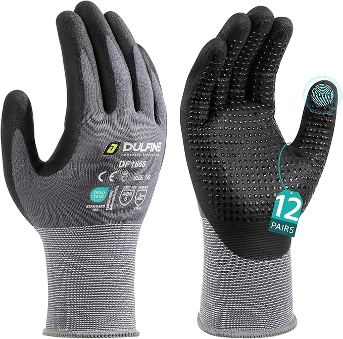 DULFINE Work Gloves for Men and Women,Grey Nylon with MicroFoam Nitrile Coated-12 Pairs Pack, Dots on Palm for Anti-slip and Extra Abrasion Resistant(Small)