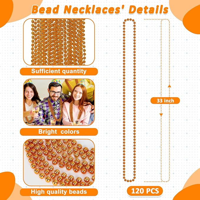 Beaded Necklace, 120 PCS Mardi Gras Accessories, 33" Orange Mardi Gras Beads, Costume Bead Necklace, Party Parade Throws Bulk for Xmas Pirate Birthday Halloween Party Supplies