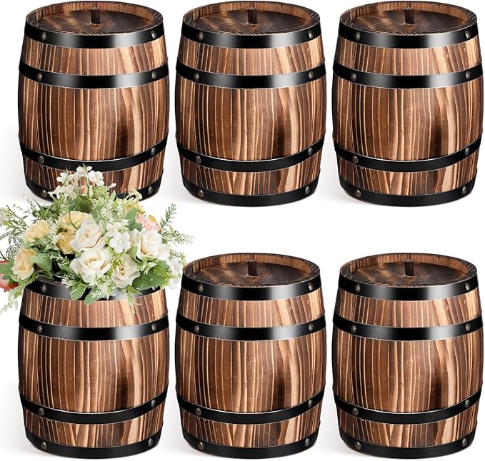 6 Pcs Wood Wine Barrel Vase Vintage Flower Vase Container Rustic Barrel Planter for Wedding Reception Table Decoration Home Indoor Outdoor Garden Kitchen Party (8 x 6.5 Inch)