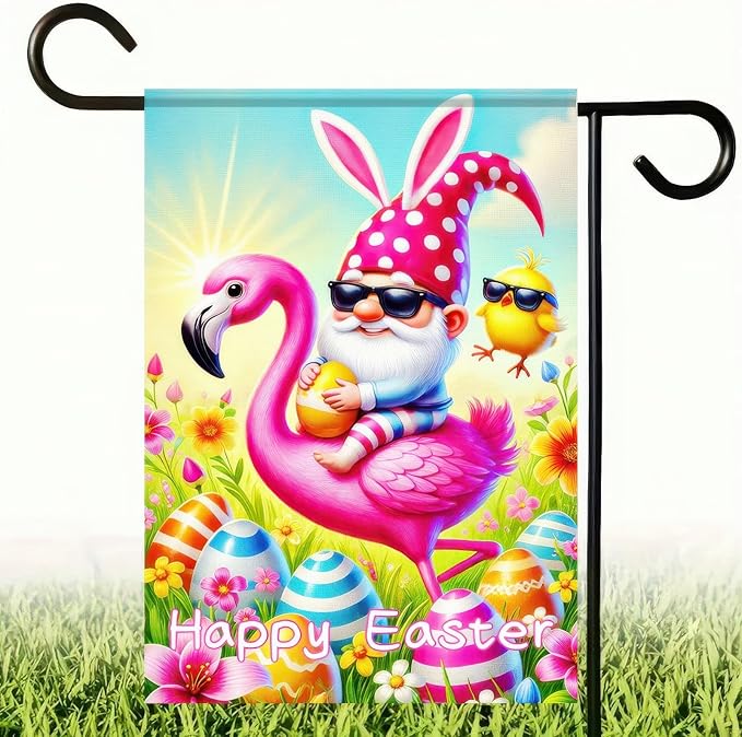 Happy Easter Garden Flag 12x18 Inch Double Sided Gnome Flamingo Bunny with Easter Egg Design Small Outdoor Yard Flag Spring Easter Welcome Banner for Porch Lawn Patio Garden Decor