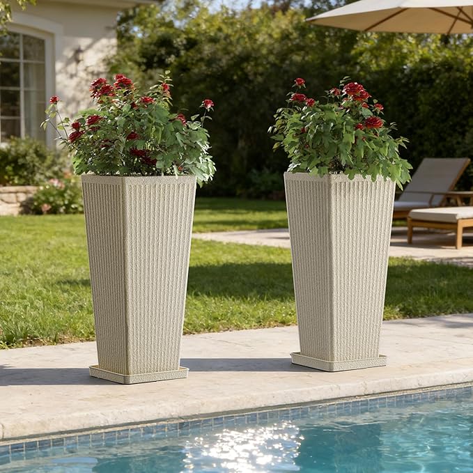Trygoal Square Tall Planters for Outdoor Plants Set of 2-23.6" Heavy-Duty Classic Tapered Indoor Flower Pots with Drainage Holes/Partition/Tray, Large Outdoor Planters for Porch Patio Garden, Beige