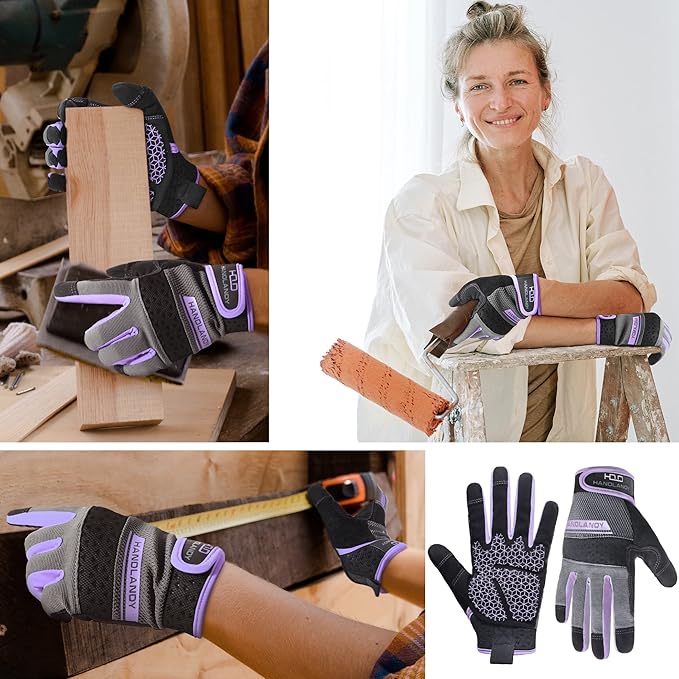 HANDLANDY Work Gloves for Women, Breathable Leather Gardening Glove for Yard Maintenance, Hand Protection with Touch Screen for Gardeners, Farmers