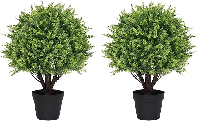 24" Artificial Cedar Topiary Trees Set of 2 – UV Resistant Faux Cypress Pine Plants for Outdoor Planters, Realistic Fake Bushes and Shrubs for Front Porch, Patio Christmas Decor – 2ft Tall