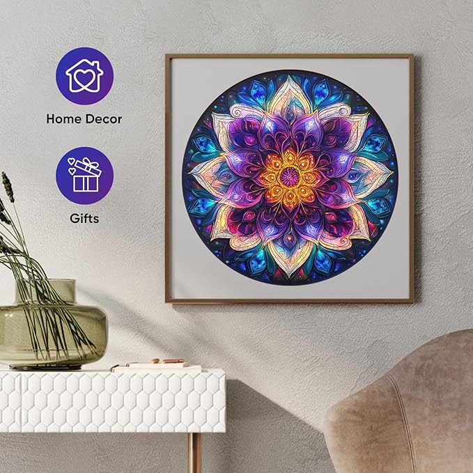 Delobil Puzzles for Adults 500 Pieces, 5MM Thick Colorful Mandala Flower Wooden Puzzles, Geometric Art Blue Round Jigsaw Puzzles for Adults and Kids, Family Game Gift Puzzle 16.5 * 16.5Inch