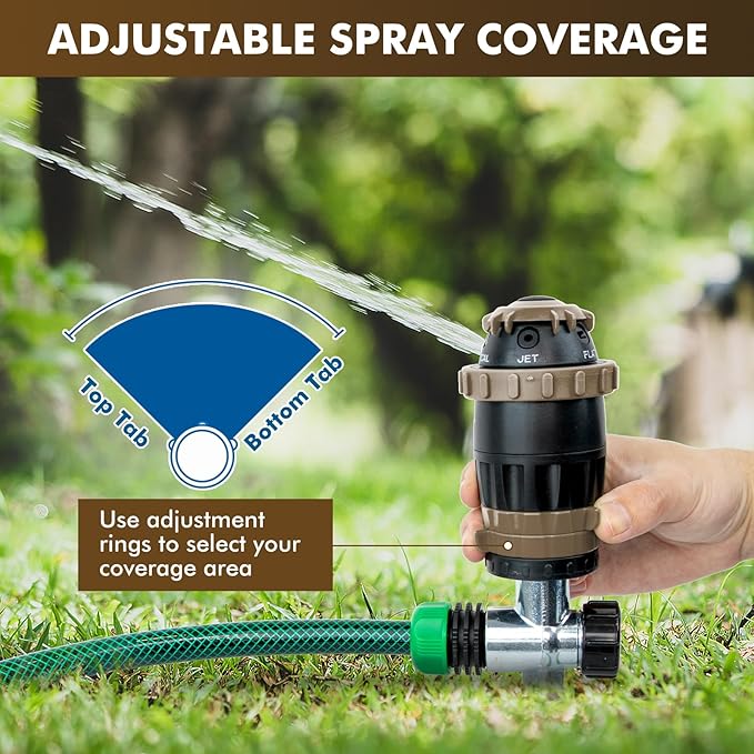 [2 Pack] RESTMO Gear Drive Sprinkler with Metal Spike Base, 5-Pattern Heavy Duty Gardening Watering System, Multi-Adjustable Lawn Sprinkle for Garden Plant, Flower Bed and Large Yard Area, Brown