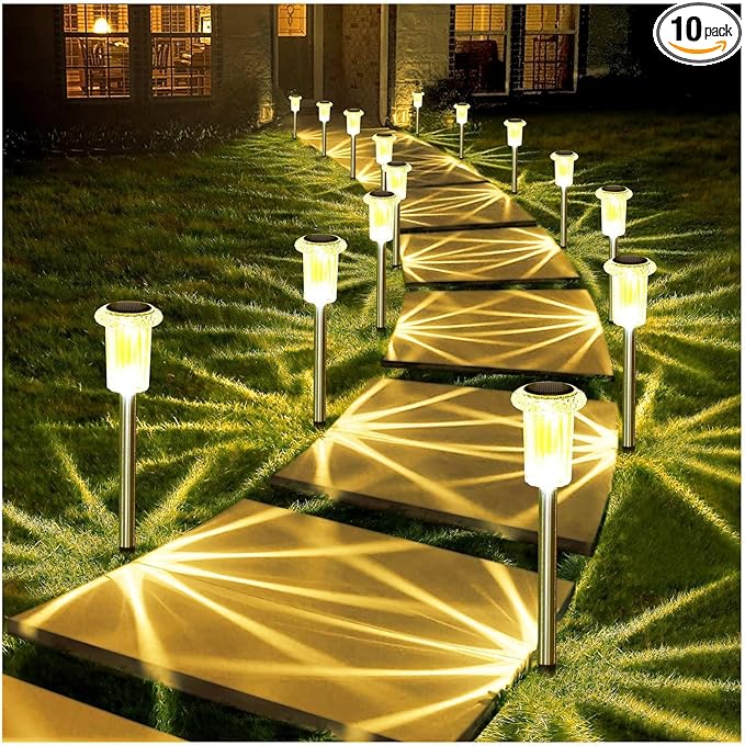 DenicMic Solar Lights Outdoor 10 Pack Waterproof 3000K Warm White LED Stainless Steel Stake Outside Lights for Yard Pathway Garden Driveway Walkway Landscape Path Lighting