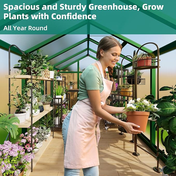 6x10 ft Greenhouse, Aluminum Frame & Polycarbonate Panel Greenhouse for Outdoors, Green House with Adjustable Roof Vent & Lockable Door, Durable Walk-in Green Houses for Backyard, Patio, Lawn