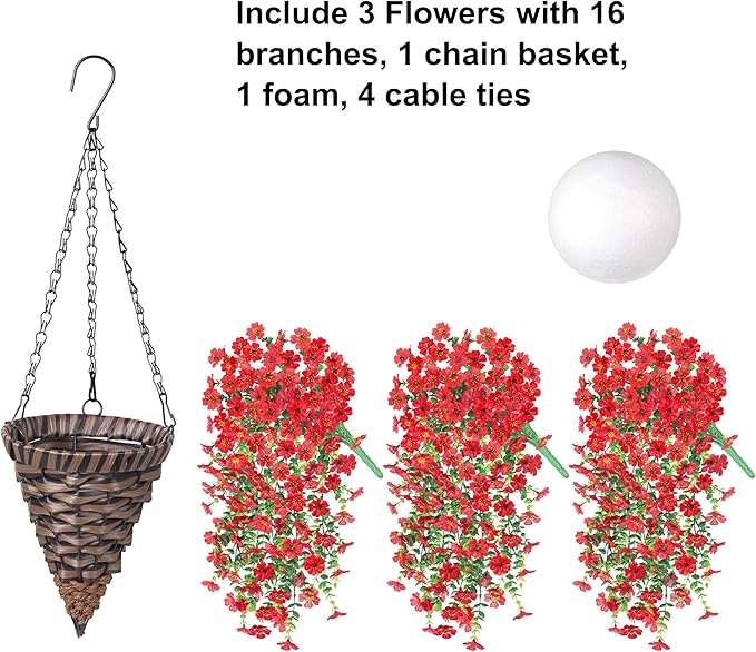 HyeFlora Artificial Hanging Flowers Basket for Outdoor, Fake Flowers Faux Plants Look Real for Yard Gardens Porch Patio Home (Red)