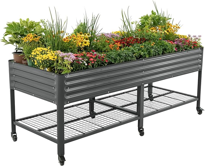 Rolling Elevated Raised Garden Bed - Jumbo Series, 3' x 8' Outdoor Planters Boxes with Legs & Storage Rack for Patio, 2000+ Lbs Weight Capacity, Raised Beds for Gardening Herbs Flowers, Modern Gray