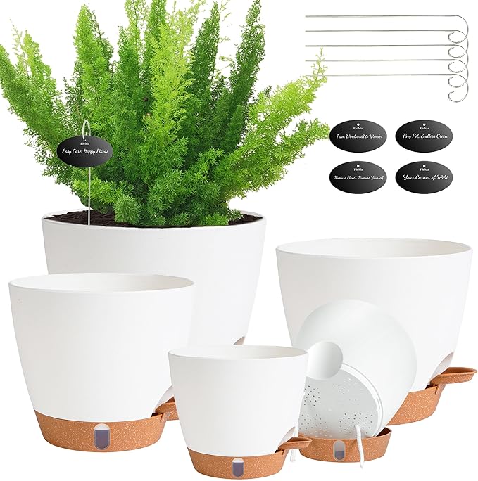 Fielda Self Watering Pots for Inoor Ourdoor Plants 8/7/6.5/6/5 Inch Plastic Planters with Drainage Holes & Water Level Indicator, Decorative House Flower Nursery Planting Pots with Saucers (White)