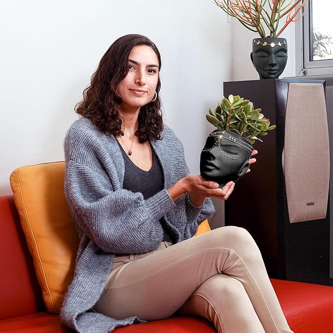 Head Planter - Indoor & Outdoor Home Decor Gifts for Plant Lovers - for Flat Surface or Wall Mount - Unique Face Planter for Flowers, Succulents, & More (7 inch, Serena Design, Black)
