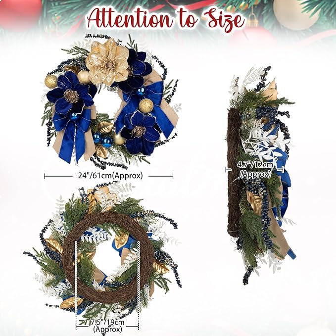 24 Inch Blue and Gold Christmas Wreaths for Front Door with Magnolia Berries, Christmas Door Wreath with Bow Balls, Pine Needles for Home Wall Window Indoor Outdoor Xmas Decorations & Holiday Decor