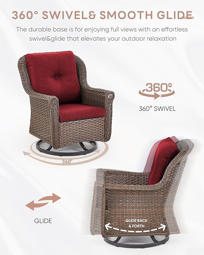 Outdoor Patio Swivel Gliders with Fire Pit Table 5 Piece Set - High Back Brown Wicker Rattan Rocking Chair with Thick Cushion for Porch Apartment Deck Yard Poolside Garden - Red