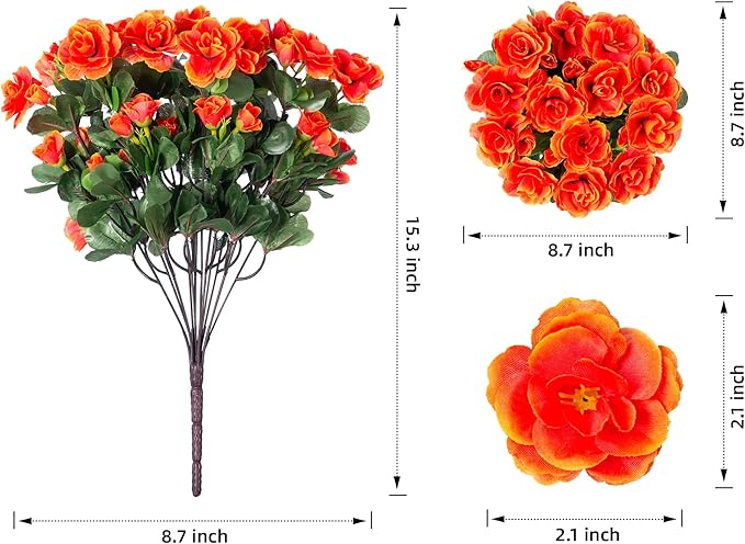 Artificial Faux Flowers Plants for Spring Outdoor Outside Decor, Fake Silk Orange Camellia UV Resistant Look Real for Autumn Planter Porch Patio Balcony Garden Yard Decoration, 3 Large Bundles