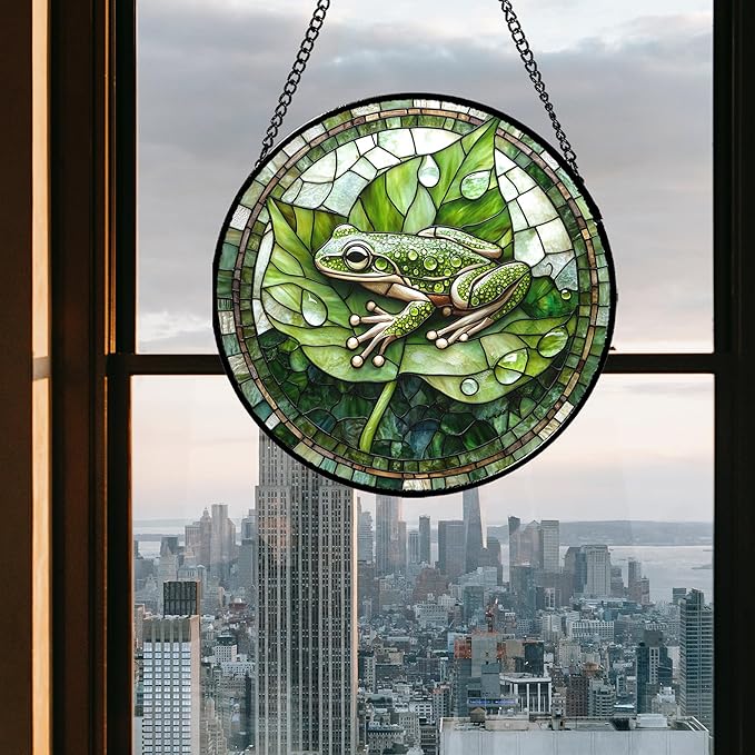 Stained Glass Window Hanging - Cute Frog Suncatcher for Doors Garden Patio Green Leaves Sun Catchers Decor Christmas Mother's Day Birthday Gifts for Women Men Mom Nana Boy Friend 7.8 in