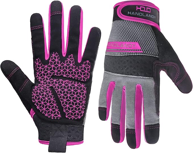 HANDLANDY Work Gloves for Women, Breathable Leather Gardening Glove for Yard Maintenance, Hand Protection with Touch Screen for Gardeners, Farmers