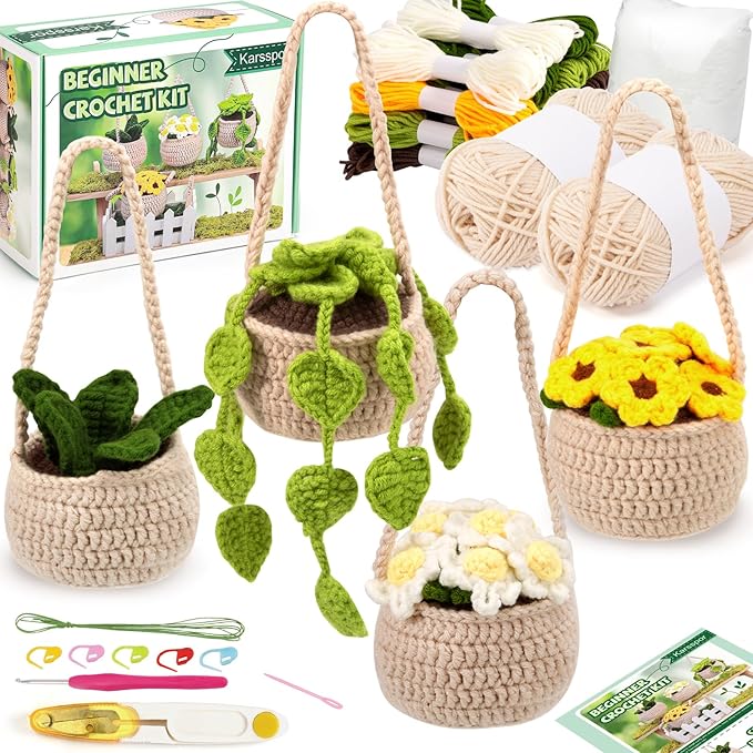 Karsspor Crochet Kit for Beginners - 4 PCS Hanging Potted Plants, Beginner Crochet Kit for Adults, Crochet Starter Kit, Crocheting Knitting Kit with Step-by-Step Video Tutorials(Patent Product)