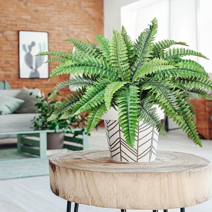 FineCheer Fake Ferns Potted Plant Faux Boston Bush in Pot Artificial Greenery Fern Plant for Spring Summer Patio Garden Farmhouse Windowsill Entrance Porch Office Living Room Decor(34 Leaves)