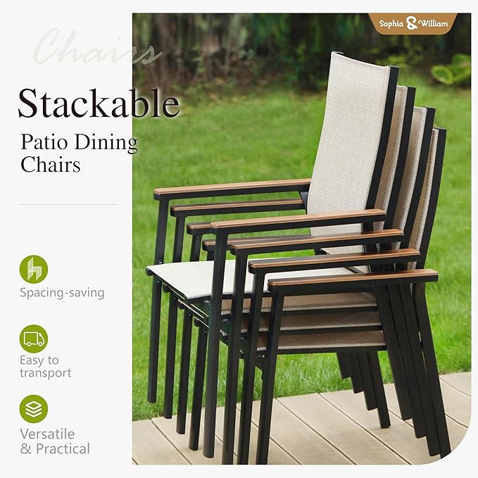 Sophia & William Patio Chairs Set of 2, Lightweight Aluminium Frame and Breathable Textilene Fabric, Stackable Outdoor Dining Chairs - Beige