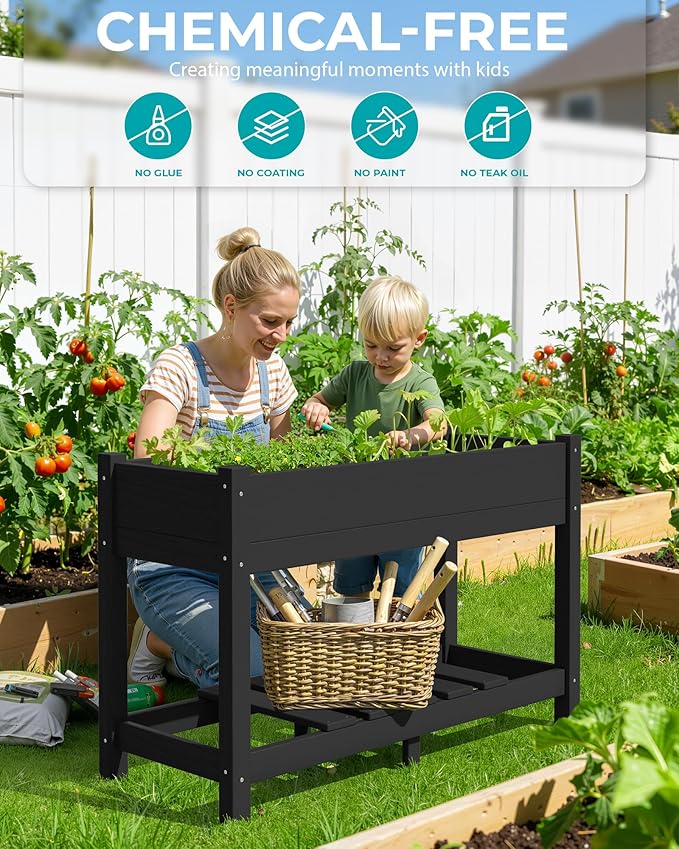 SERWALL Raised Garden Bed with Legs Set of 2, 43"×17"×30" Large HDPE Elevated Planter Box for Vegetables Flower Herb Patio, All Weather Use-Black