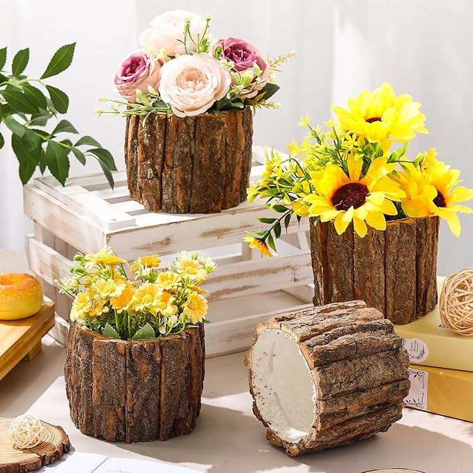 6 Pcs Wooden Vase for Centerpieces Woodland Table Decor Wooden Flower Vase Rustic Bark Stump Buckets Vintage Wood Planter Pots for Garden Party Wedding Window Home Farmhouse (Large)