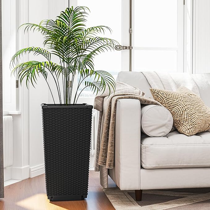 Giantex Set of 2 Outdoor Wicker Flower Pot, 23 Inch Tall Planters with Drainage Hole, Self-Watering Tray, Rattan Flower Pots, Indoor Outdoor Decoration for Front Porch Balcony Entryway (Black)