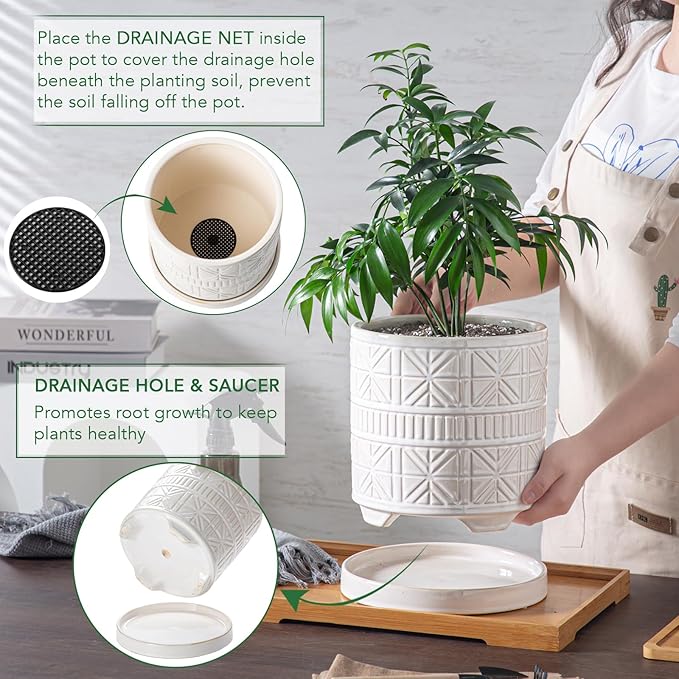 POITONRU Ceramic Plant Pots Indoor-Outdoor: 8 Inch Embossed Planters with Drainage Hole & Saucer - Modern Decorative Flower Pots for Home Garden Patio Office Decor