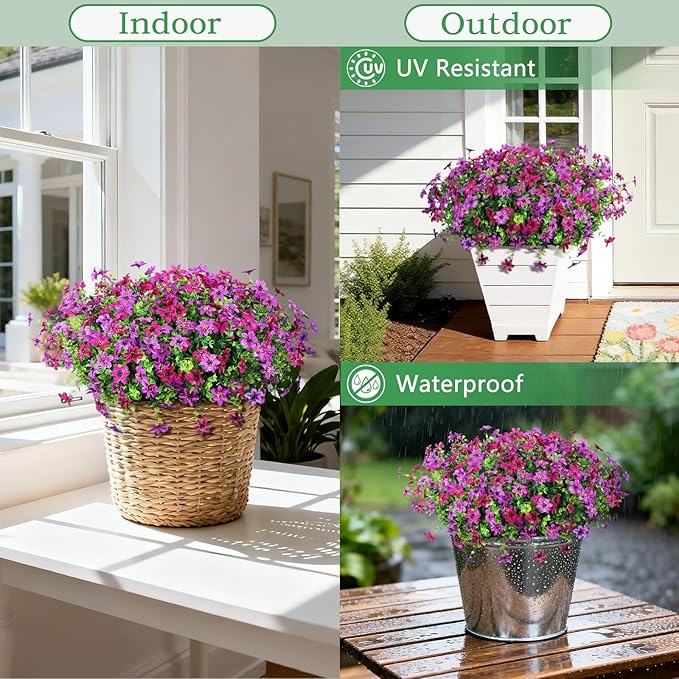 Artificial Flowers for Outdoors 12 Bundles Fake Plants Spring Home Decoration, Realistic Faux Flower Silk Daisy with Eucalyptus Stem UV Resistant Patio Planter Porch Yard Window (Light Purple Fuchsia)