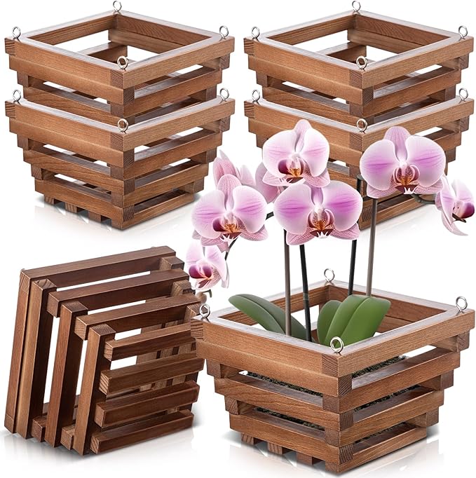 6 Sturdy Orchid Hanging Baskets, Wooden Plant Hanging Baskets, Handmade Inverted Trapezoidal Suitable for Orchids and Other Plants, Staghorn Ferns for Outdoor and Indoor Use, 6 Inch(Wooden)
