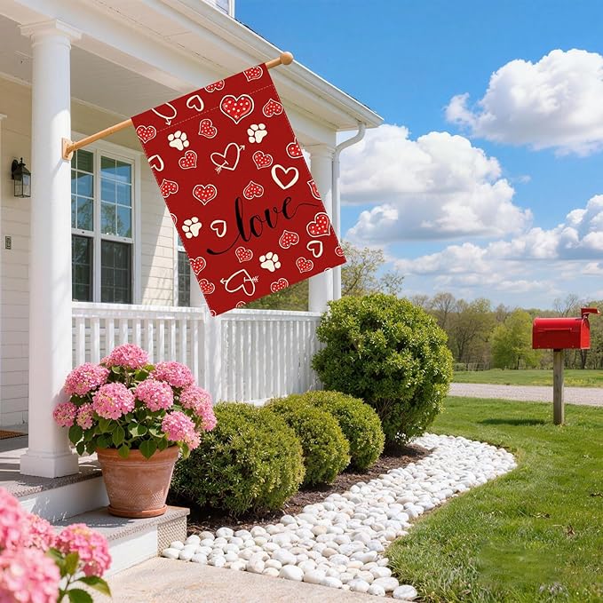 Red Love Heart Dog Paw Print Valentine’s Day House Flag large 28X40 Inch Big Vertical Double Sided Yard Outdoor Outside Holiday Decoration