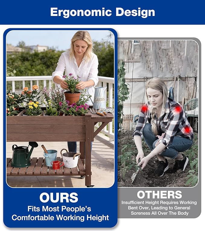Raised Garden Bed Outdoor with Wheels, 52.7" Elevated Wooden Garden Bed with 8 Planter Boxes, Removable Dividers, Storage Shelf, Standing Mobile Planter with Non-Woven Liner