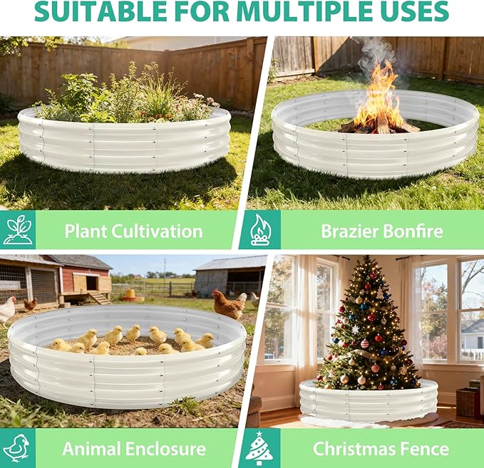 6FT Diameter Galvanized Garden Raised Bed/Plant Box/Fire Pit Ring-0.8mm Thick,12 Inch Tall,Crimped Edge and Corner,No Sharpe,Perfect for Plantings (Cream White, 72 Dia X 12 inches)