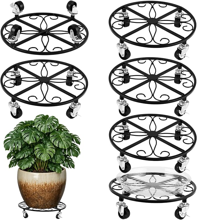 6 Pack Plant Caddy with Wheels 11.8 Inch Rolling Plant Stand for Large Plants Heavy Duty Plant Rollers Metal Plant Dolly Rustproof Planter Stand Wrought Iron Plant Stands Flower Cart Indoor Outdoor
