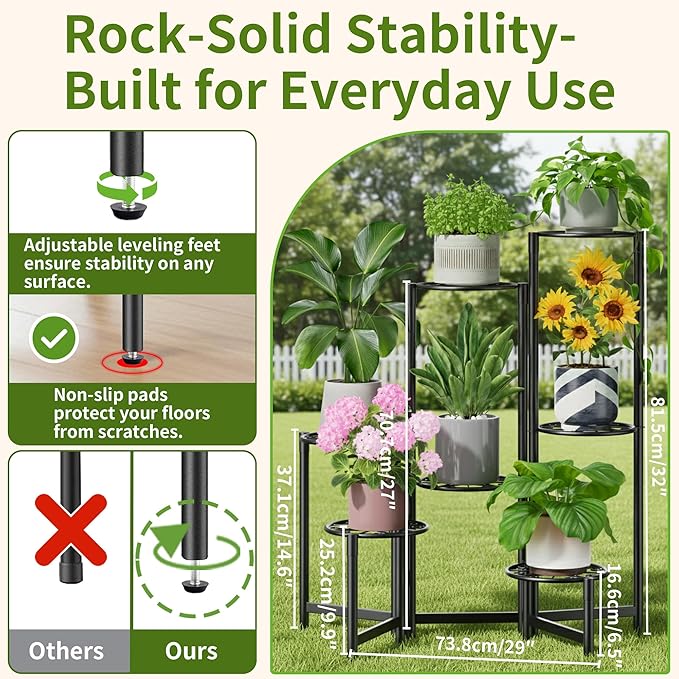 NQW Plant Stand Outdoor,7 Tier Foldable Corner Tall Plant Shelf for Multiple Plants Flower Pot Holder Display Stand for Living Room Balcony Garden Patio -BlackS