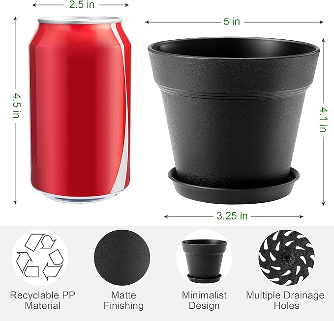 FHWTY 10 Pack Plastic Plant Pots with Drainage Holes and Tray, 5 inch Thickened Indoor Planters Seedlings Nursery Pots for Flowers, African Violet, Succulent and All House Plants, Black