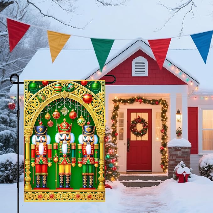 IVN Christmas Nutcracker Garden Flag 12x18 Inches Double Sided Holiday Yard Decor Gold Arch Ornaments Outdoor Garden Porch Lawn Patio