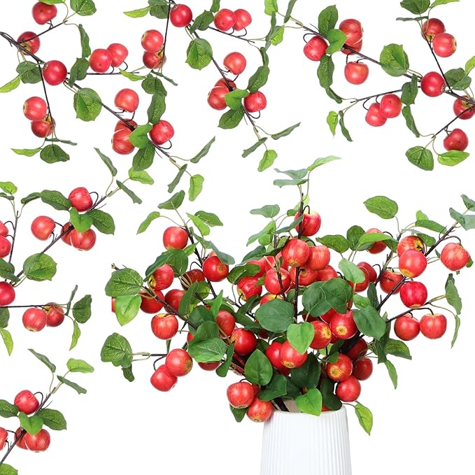 6 Pcs 29.53 Inches Artificial Fake Apple Branches Realistic Tall Apple Bouquets Tree Branch with Long Stem and Green Leaves Fruit Plant for Home Office Vase Filler Shop