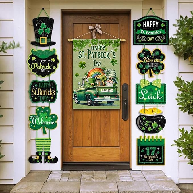 Happy St Patricks Day House Flag 28x40 Inch Double Sided Lucky Clovers Shamrocks Gnome Rainbow Truck Outside Large Holiday Flag for Yard Outdoor Decoration