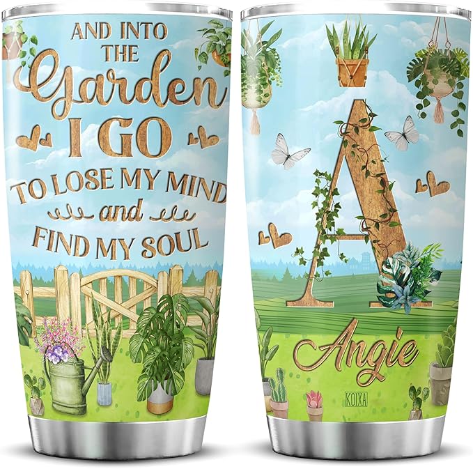 Personalized Initial Coffee Tumbler Gardening Custom Name Birthday Gifts For Women Adults Girls Grandma Travel Mug With Lid Insulated Cup Cold Steel Tumblers Inspirational Quote