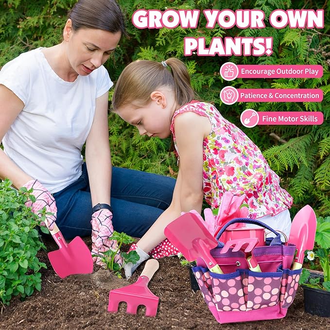 Kids Gardening Tools Set, Toddler Play Kit Child Outdoor Toy with Gloves, Watering Can, Metal Shovel, Rake, Spade & Storage Bag, Backyard Sand Digging Holiday Birthday Gift for Boy Girl 3 4 5 (Pink)