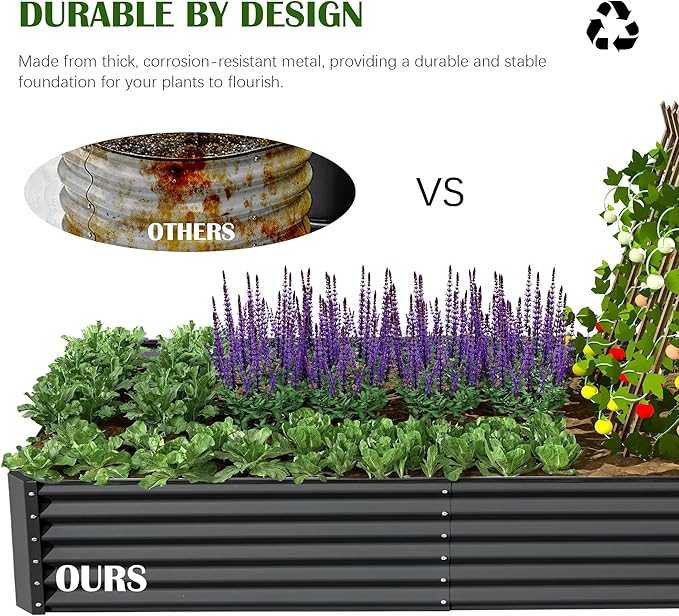 Domi 6x3x1.5ft Metal Raised Garden Beds Outdoor, Thickened Galvanized Steel Deep Root Planter Box with Stabilizing Bars & Rubber Edging for Vegetables, Flowers, Herbs - Dark Gray