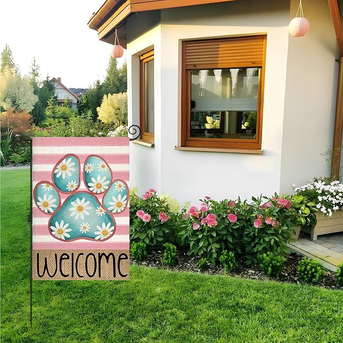 Welcome Spring Garden Flags for Outside, Dog Paw with Daisy Flowers Stripes Yard Decoration, Small Seasonal Outdoor Decor for Summer Farmhouse Holiday,12x18 Inch Double Sided