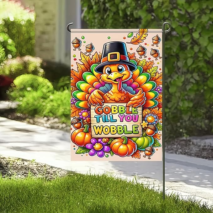 Happy Thanksgiving Garden Flag 12 x 18 Thankful Harvest Holiday Thanksgiving Gobble Turkey Garden Flag Decorative Fall Autumn Pumpkin Flag Outdoor Decorative House Turkey Banner