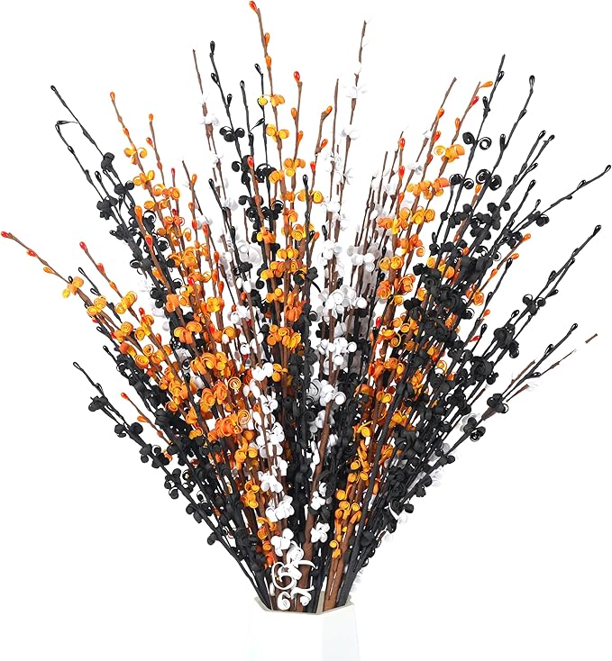 10pcs Jasmine Halloween Flower 29.5'' Long Halloween DIY Floral Picks for Halloween Party Indoor Decorations Gothic Home Badroom Centerpieces Vase Fillers (Orange, White, Black)