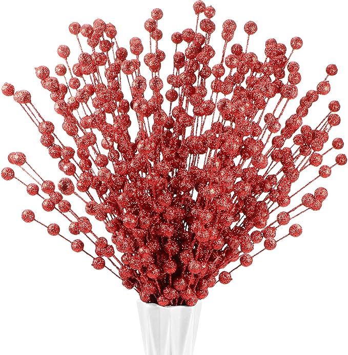 Syhood 200 Pcs Glitter Berry Stems, 13.8 Inches Christmas Berry Picks Holly Branches for Christmas Tree Decorations, Holiday Ornaments Home Decor and DIY Crafts(Red)