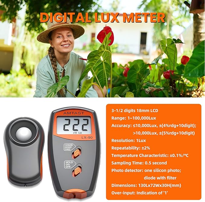 AMTAST Digital LUX Meter Digital Indicator UV Meter Light Meter with LCD Display Luxmeter for 0-100,000 Lux Range High Ambient Light Meter with Backlight (Model LX-90)