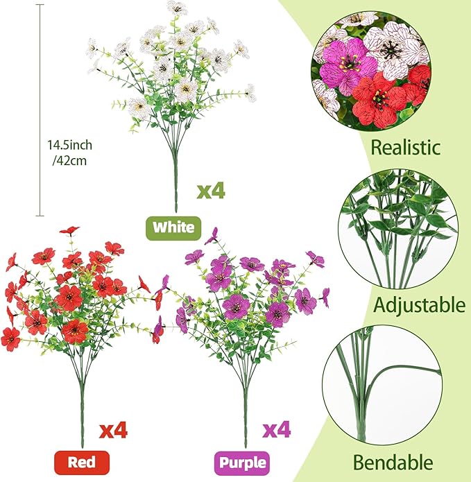 Artificial Spring Flowers Outdoors Faux Plants UV Resistant Plastic Flowers Outdoors Fake Greenery Plants Outside for Garden Porch Planters Silk Flowers Daisy Decor, 12 Bundles (Mix White Red Purple)